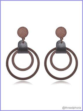 Wooden Geometric Circle Hollow Dangle Drop Earrings Handmade Alloy Women Jewelry